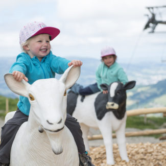 Deux enfants jouant sur des faux animaux de la ferme à Charmey