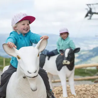 Deux enfants jouant sur des faux animaux de la ferme à Charmey