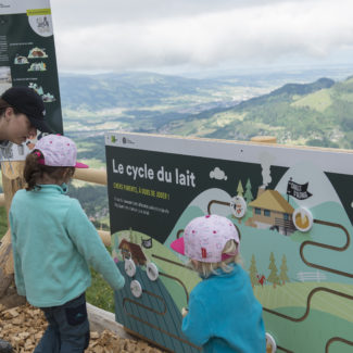 Des visiteurs regardent le panneau didactique sur le chemin du lait au sommet des remontées mécaniques de Charmey