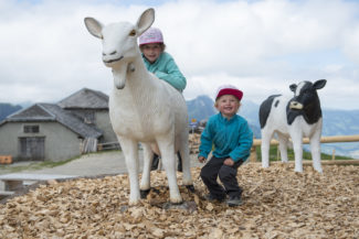 Des enfants jouent sur des faux animaux de la ferme au sommet des remontées mécaniques de Charmey